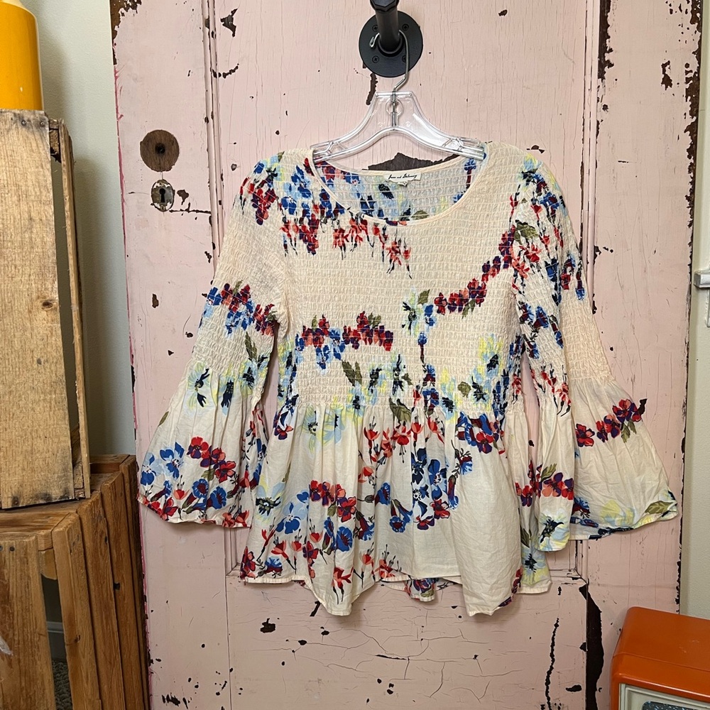 Jane and Delancey Cream Floral Smocked Peplum Blouse